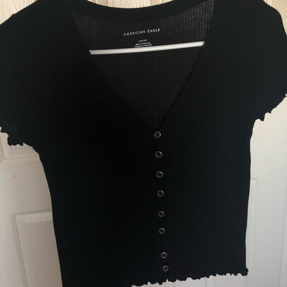 American Eagle Black V-Neck Tee Shirt with Ruffles